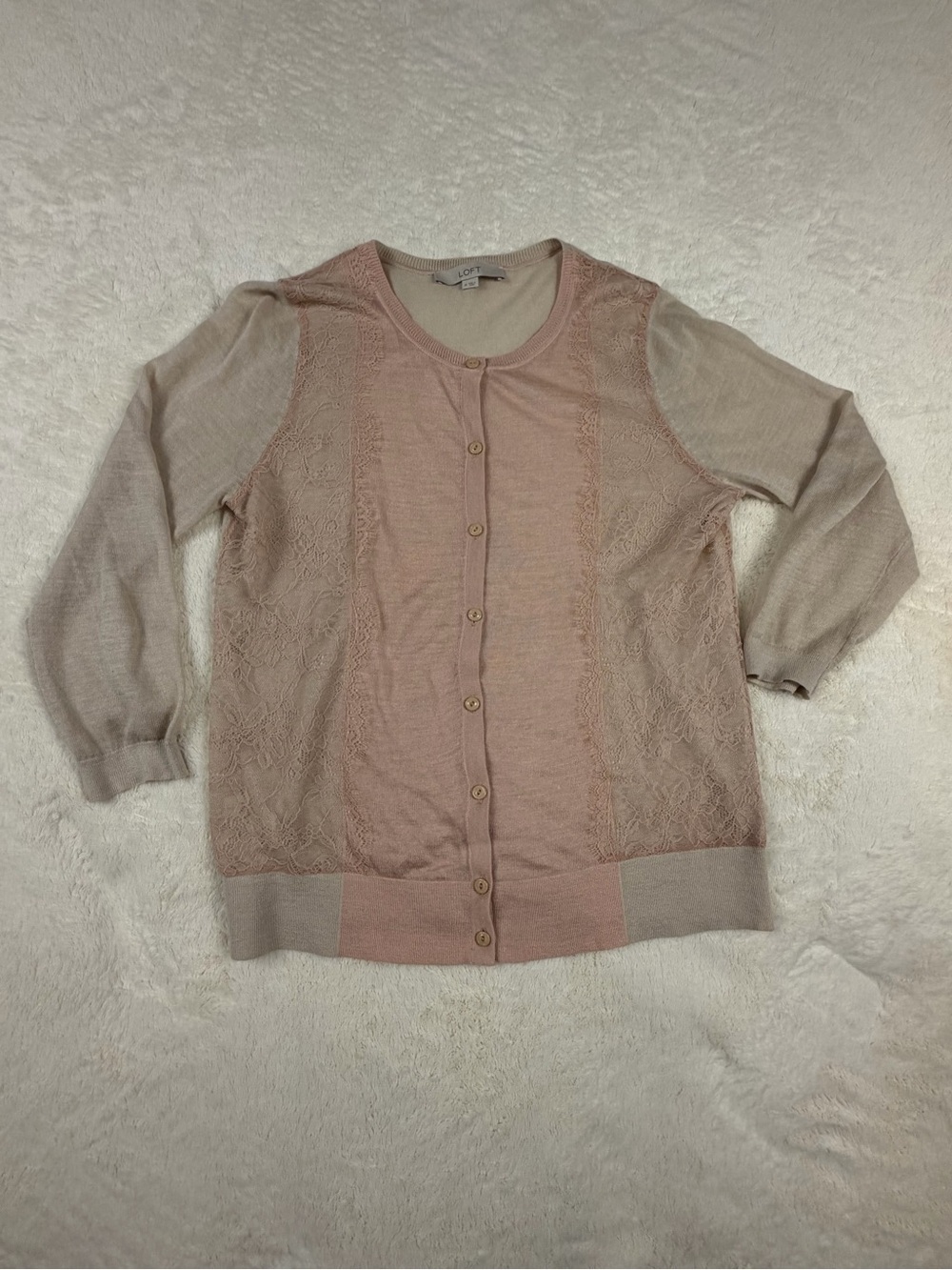 LOFT Blush Pink Lace-Panel Button Cardigan M